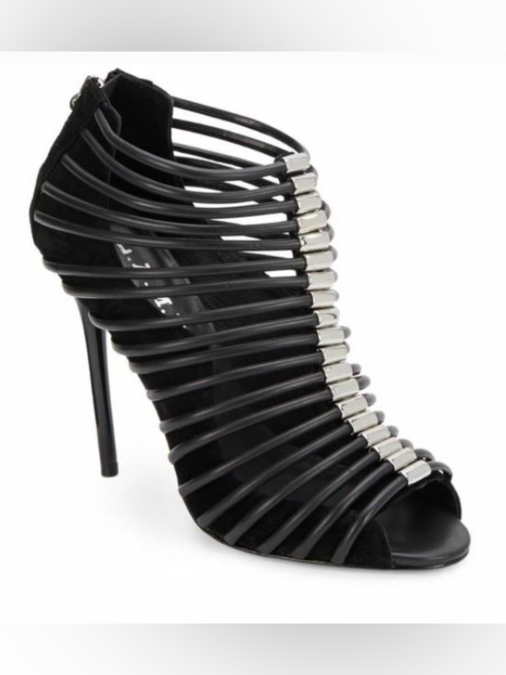 L.A.M.B. Black Cage Strappy Stiletto Sandal with Silver Accents